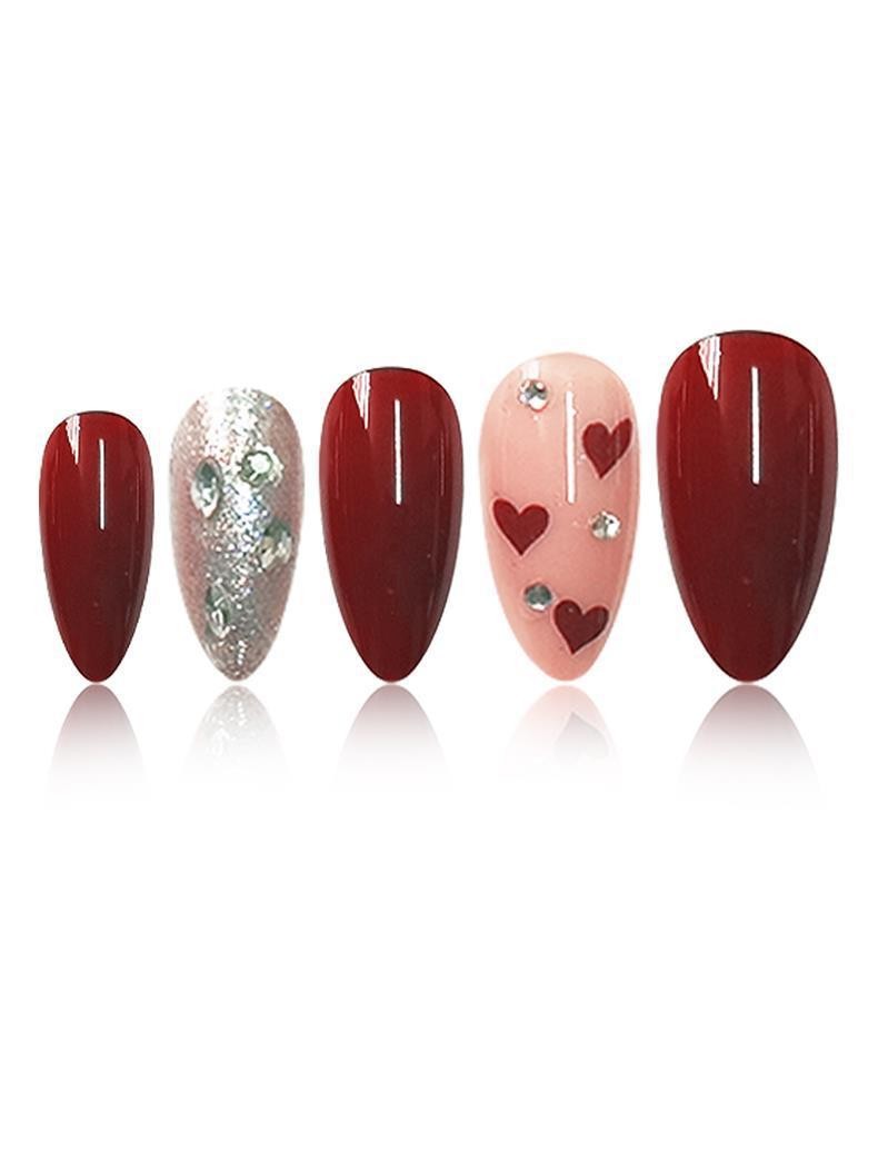Almond Glitter Press On Nails Double Sided Love Heart Removable