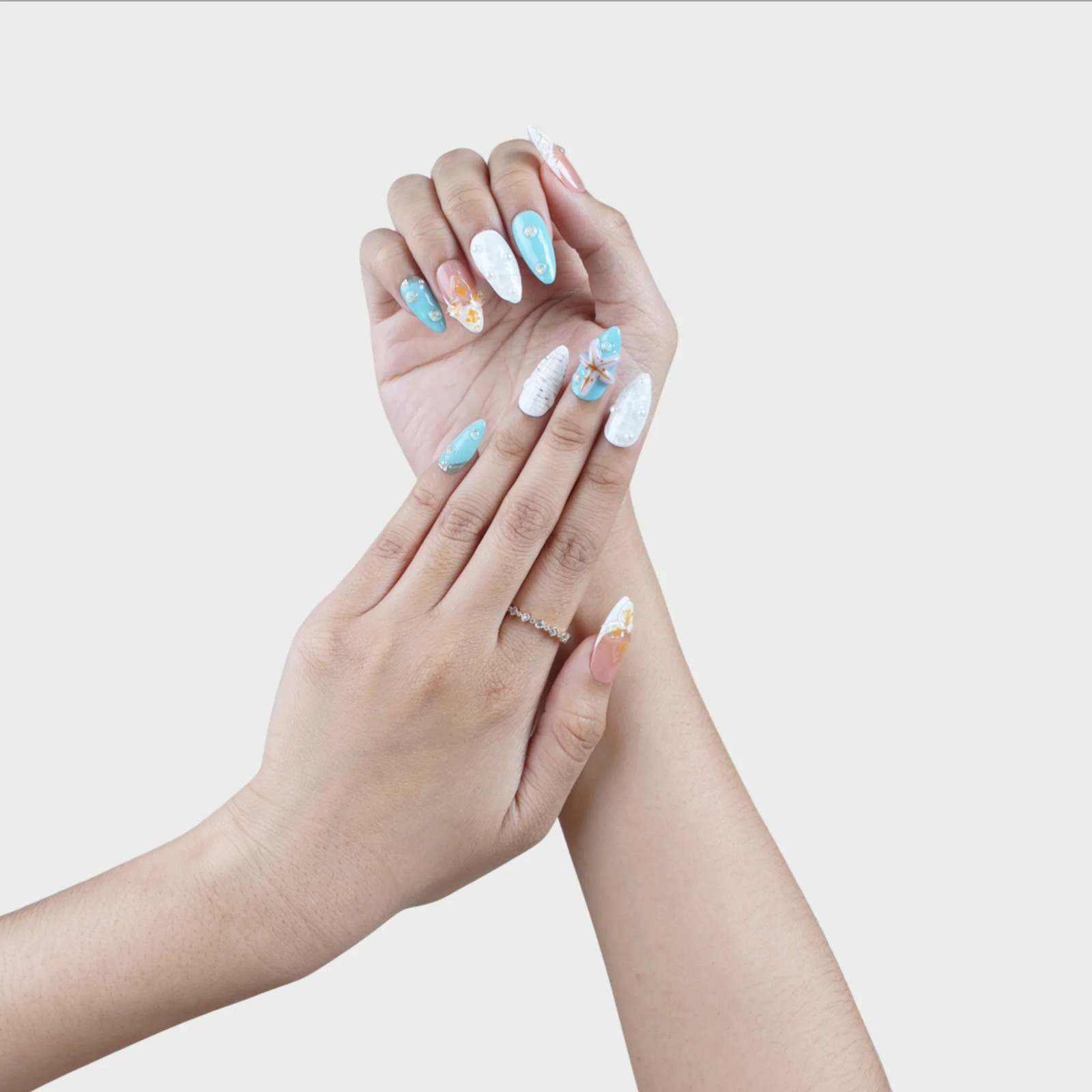 SIYOU Cabana Medium Almond Blue Pink Starfish Press-On Nails 10pc