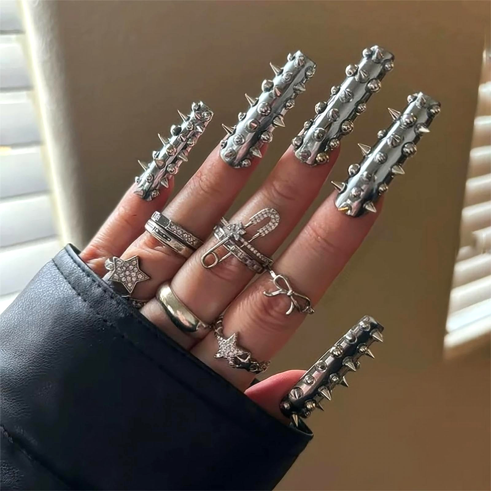Extra Long Square Metal Silver Plating Press On Nails, Full Cover Glossy Acrylic