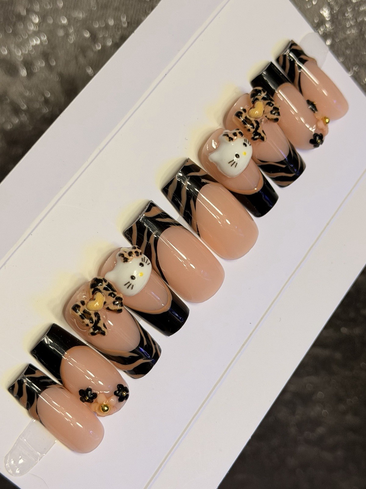 ✨ CUSTOM Press On Nails FRENCH BLACK HELLO KITTY BLING Flower 10p SET W Kit