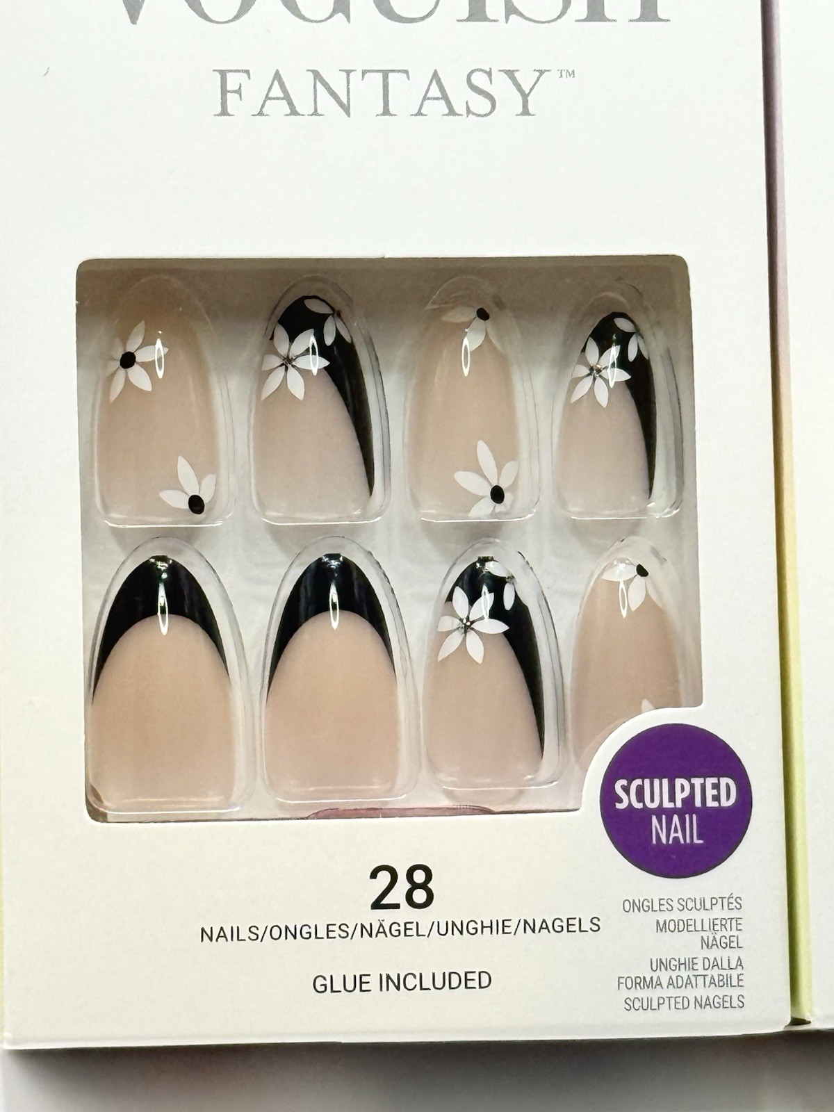 Kiss Voguish Fantasy Press-On Nails Medium Almond Black White Flowers Lot Of 2