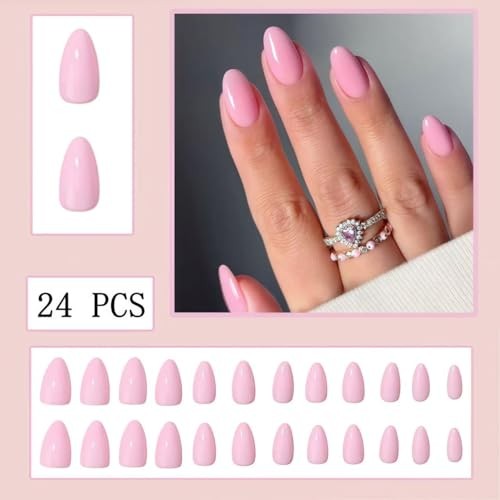 Pink Solid Color Press On Nails Short Almond Fake Nails for Women Manicure