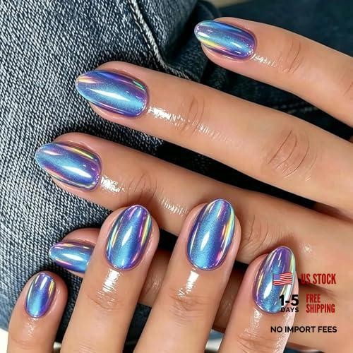 Chrome Press On Nails Short Oval – 32 Pcs Glazed Royal Blue Fake Nails Press