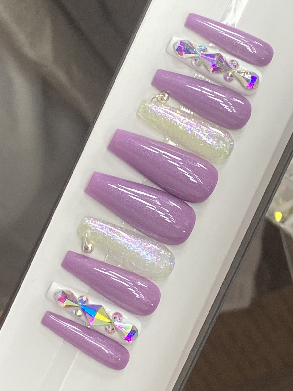 🔥CUSTOM Gel Press On False Nails, Purple w/ BLING 10 set, w/ FULL KIT NEW MED