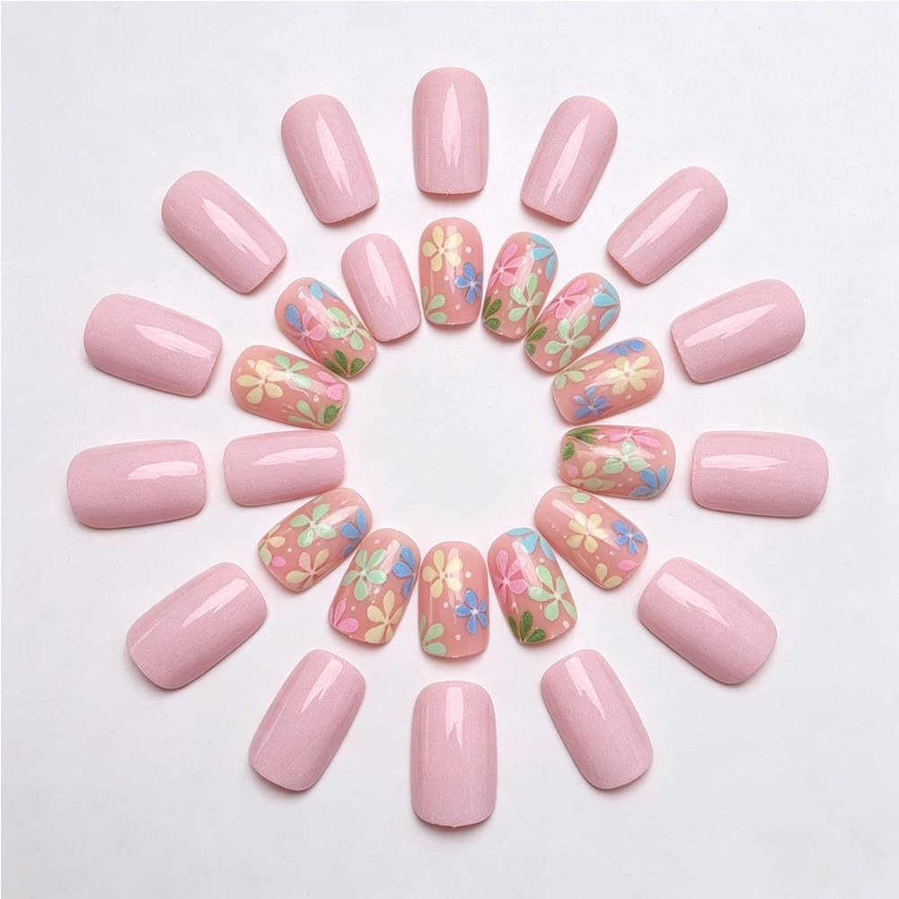 Colorful Flower Press On Nails Short square Light Pink Acrylic, Full Cover Gl…