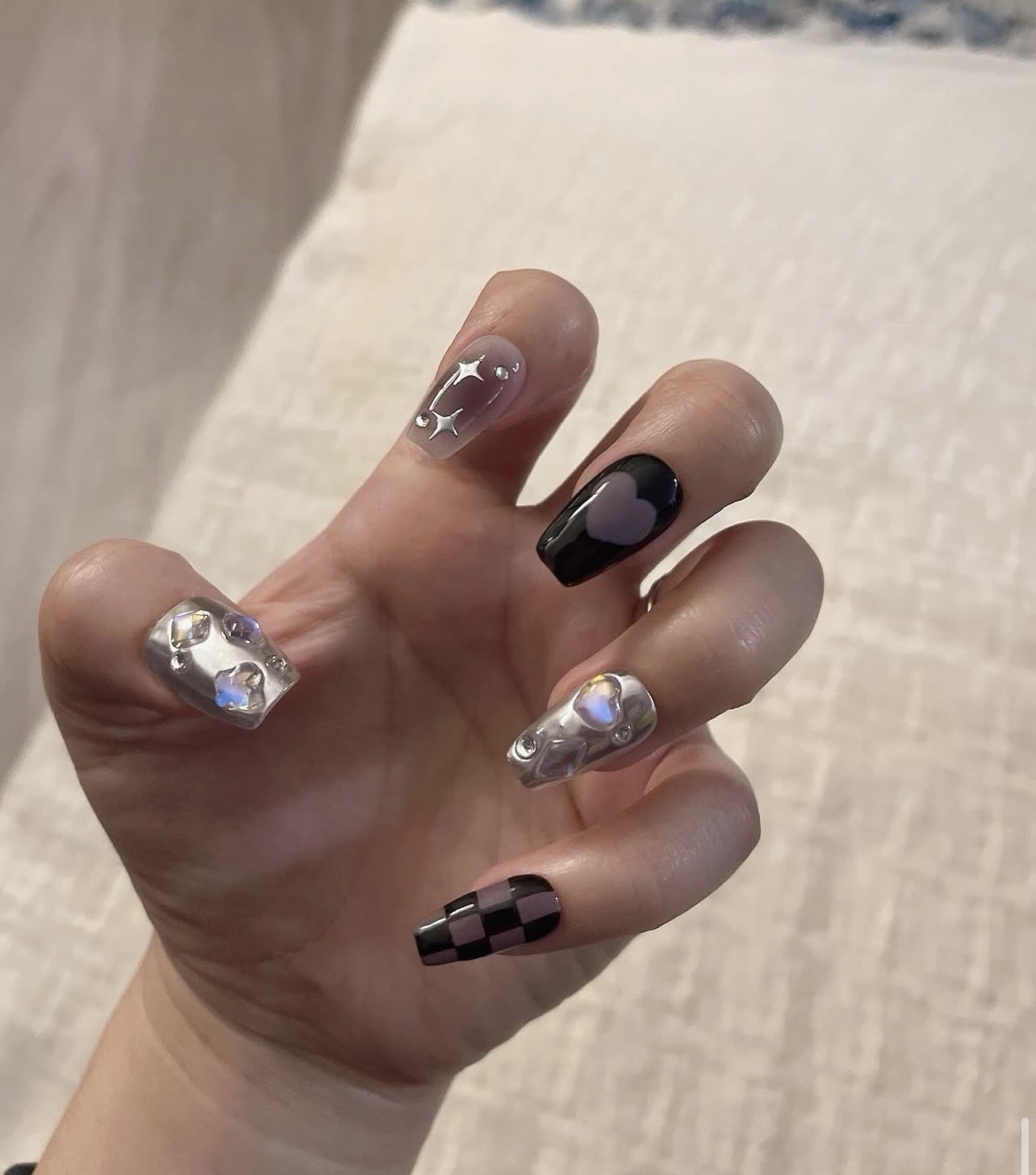 Short Square Press-On Nails Set, Multicolor Shiny Full Cover Pre-Designed Heart