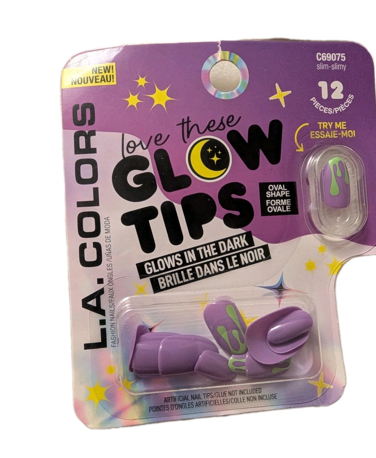 LA Colors Glow In Dark Oval Tips Nails Slim Slimy Witch Halloween Purple Magic
