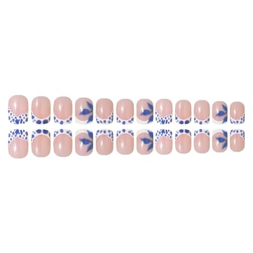French Tips Press on Nails Short Square Nails Press on with Flower Pattern ST39