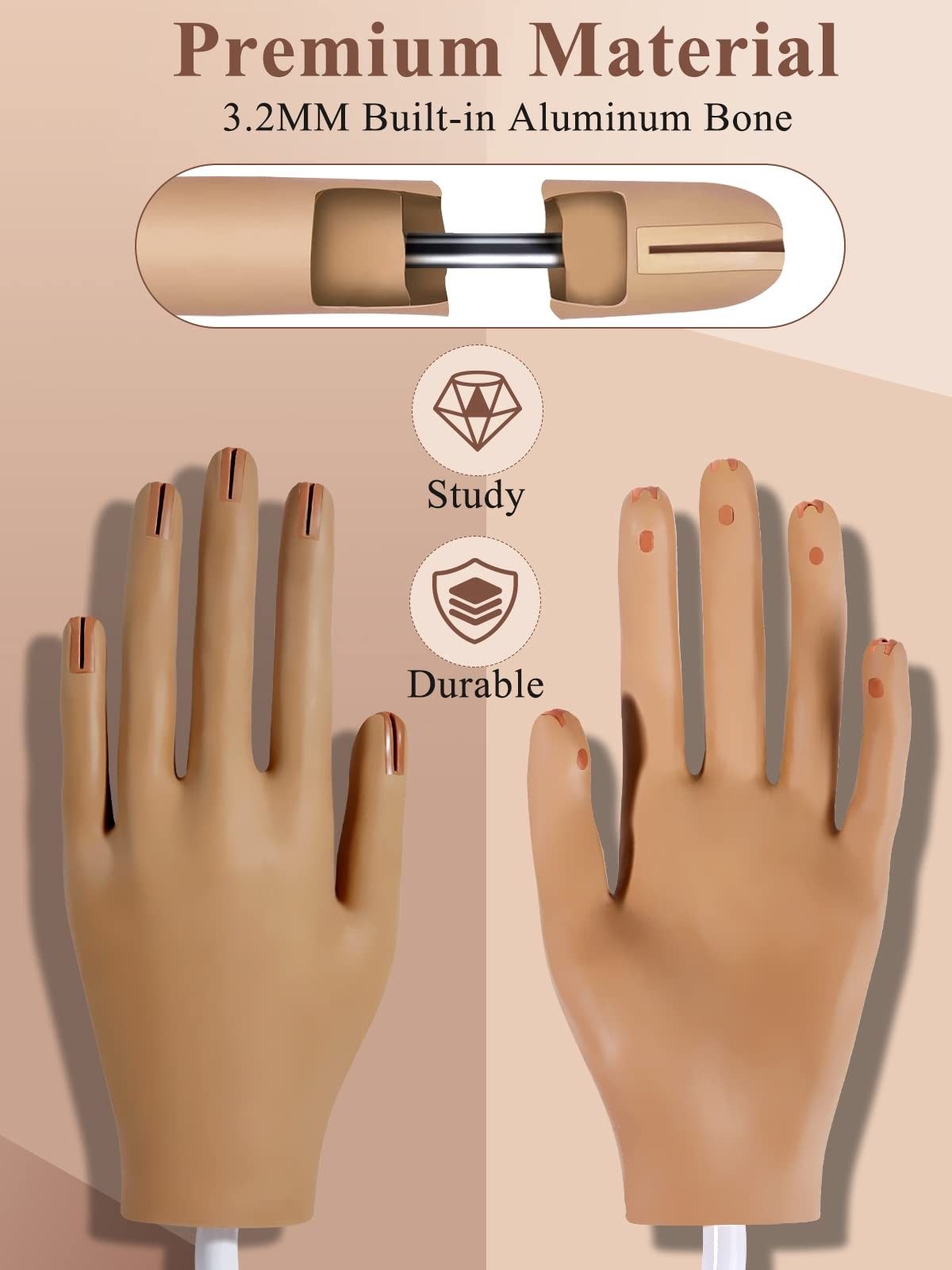Yokilly Practice Hand for Acrylic Nails,Silicone Nail Length: 3.2Mm, Brown