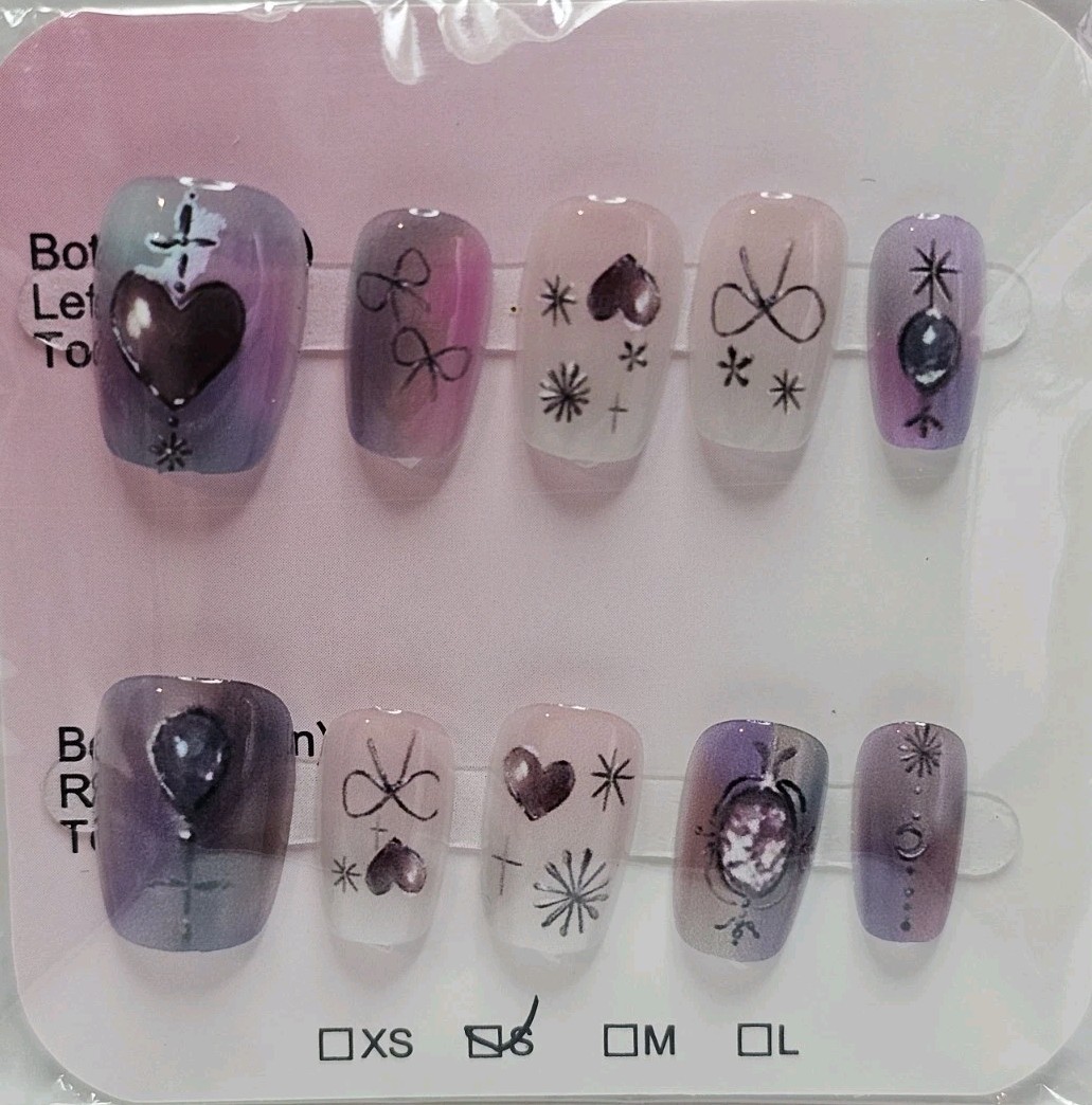 Press On Nails Pastel Purple Pink Mix Hearts Stars Bows Cute Nail Set