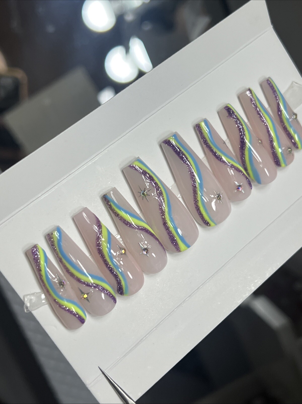 🔥CUSTOM Gel Press On False Nails, Nude W/ Bling ,Long Coffin,10p Mediun NEW
