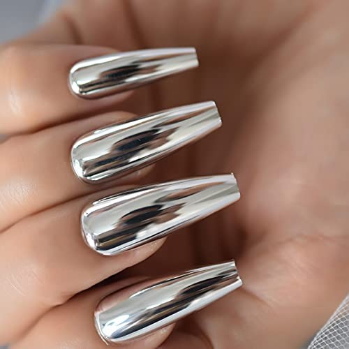 Silver Punk Metallic Press On False Nails Long Coffin Ballerina Chrome L5883-1