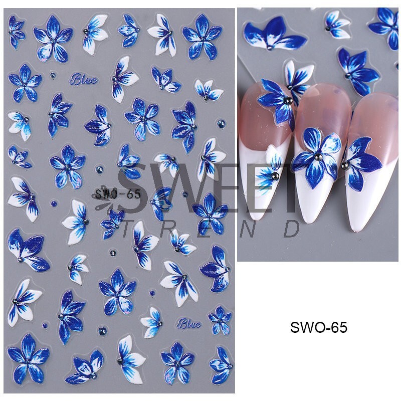 Blue Lace Floral Flowers Nail Art Stickers Embossed Decals DIY Nail Design NS52
