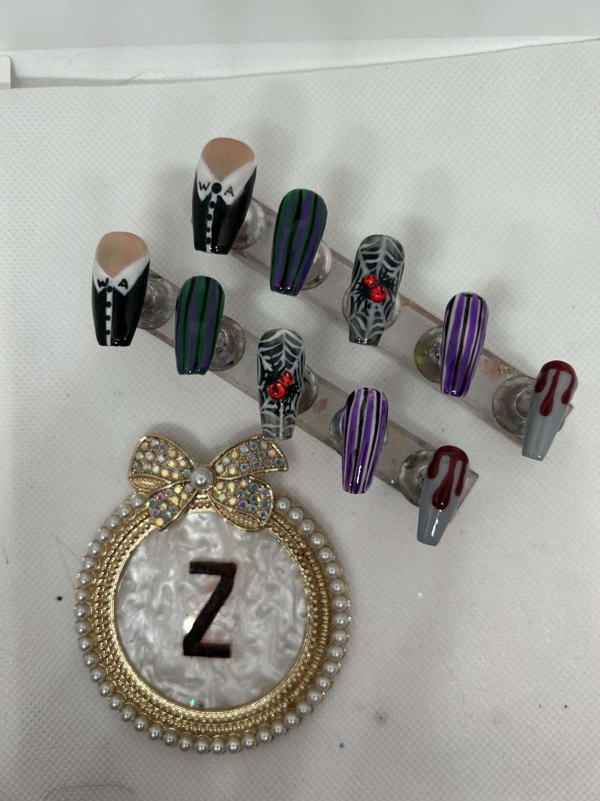 Z NAILZ! Handmade M Coffin Wednesday Adams Halloween Multicolor Press On Nails