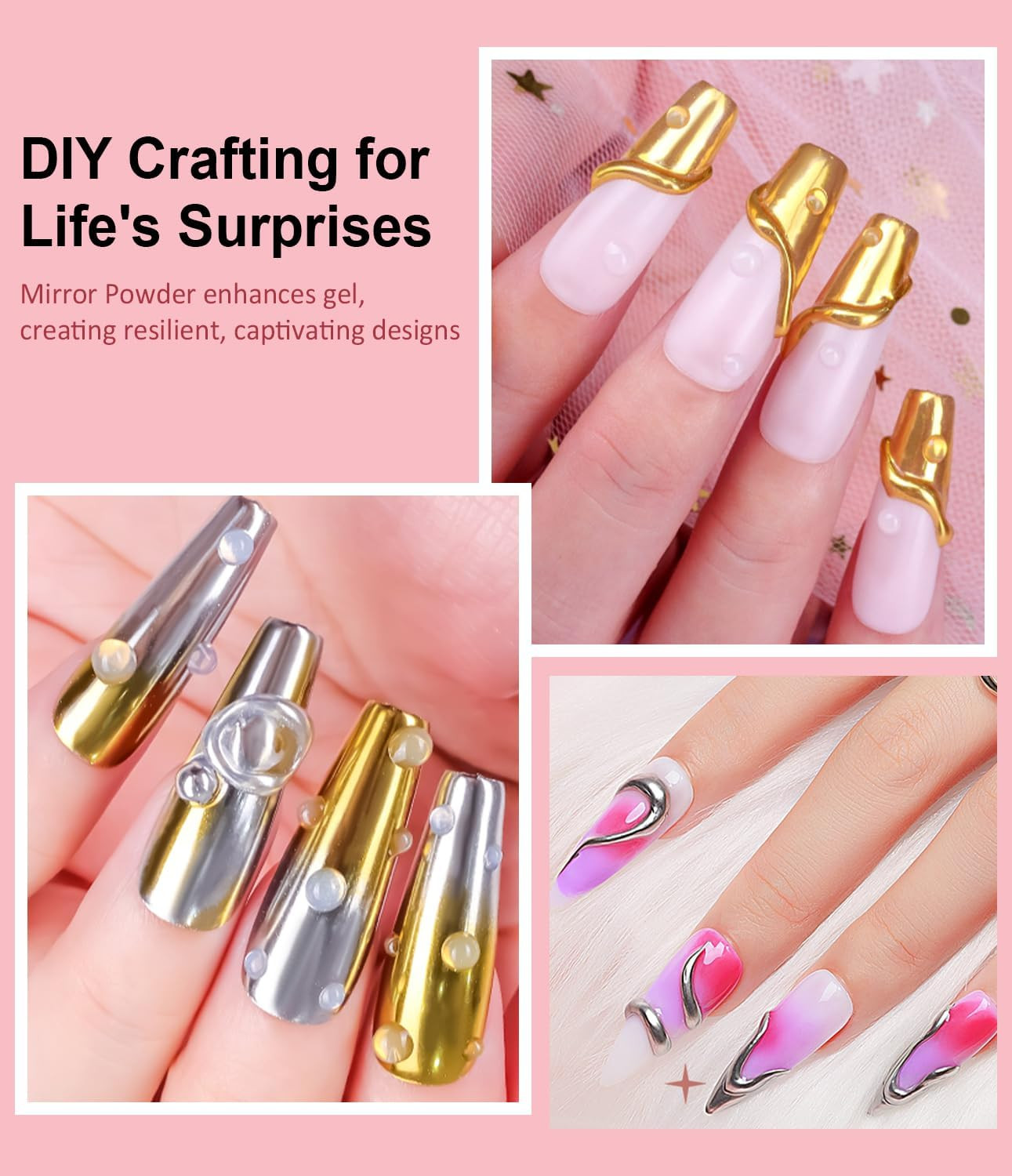 3D Nail Gel Art – 15G Sculpting Gel Nail Glue with Gold White Chrome Nail Powde
