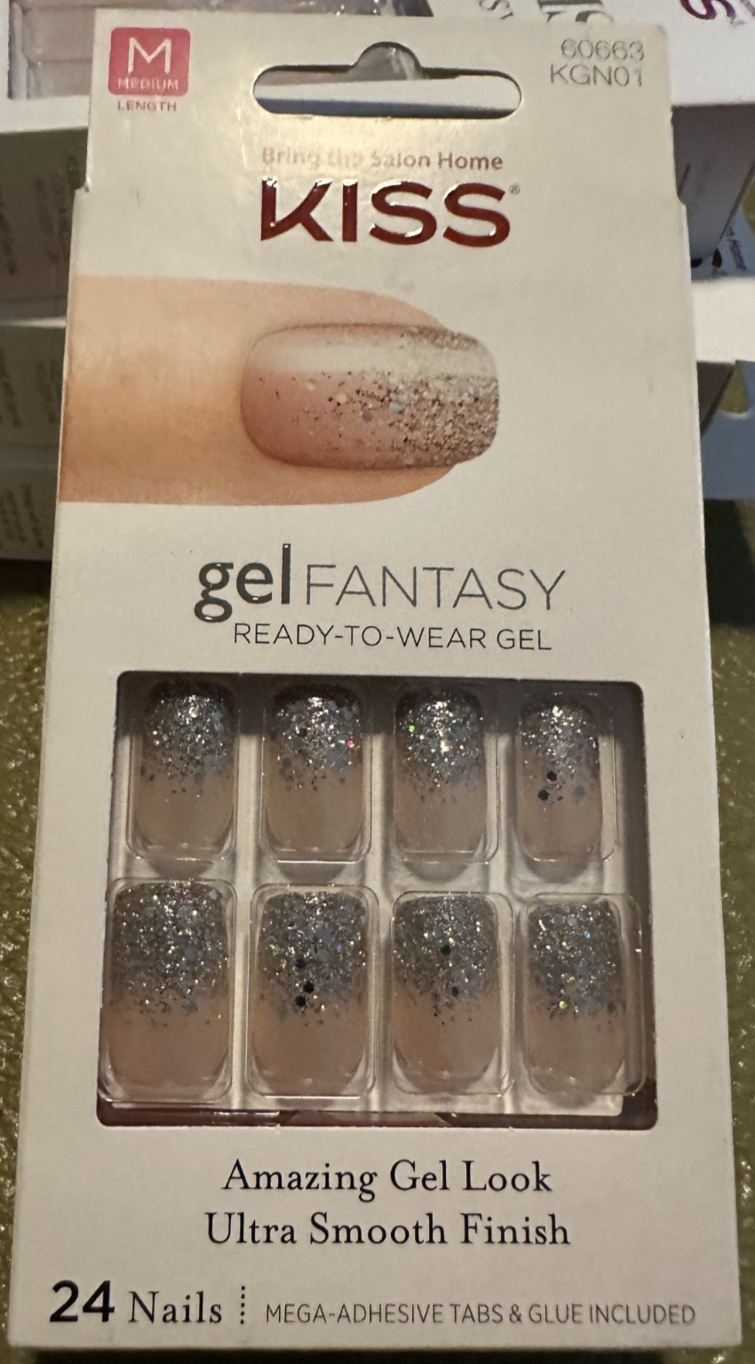 Kiss Nails Gel Fantasy Glue/Press on Medium Square Glitter Tips Pink
