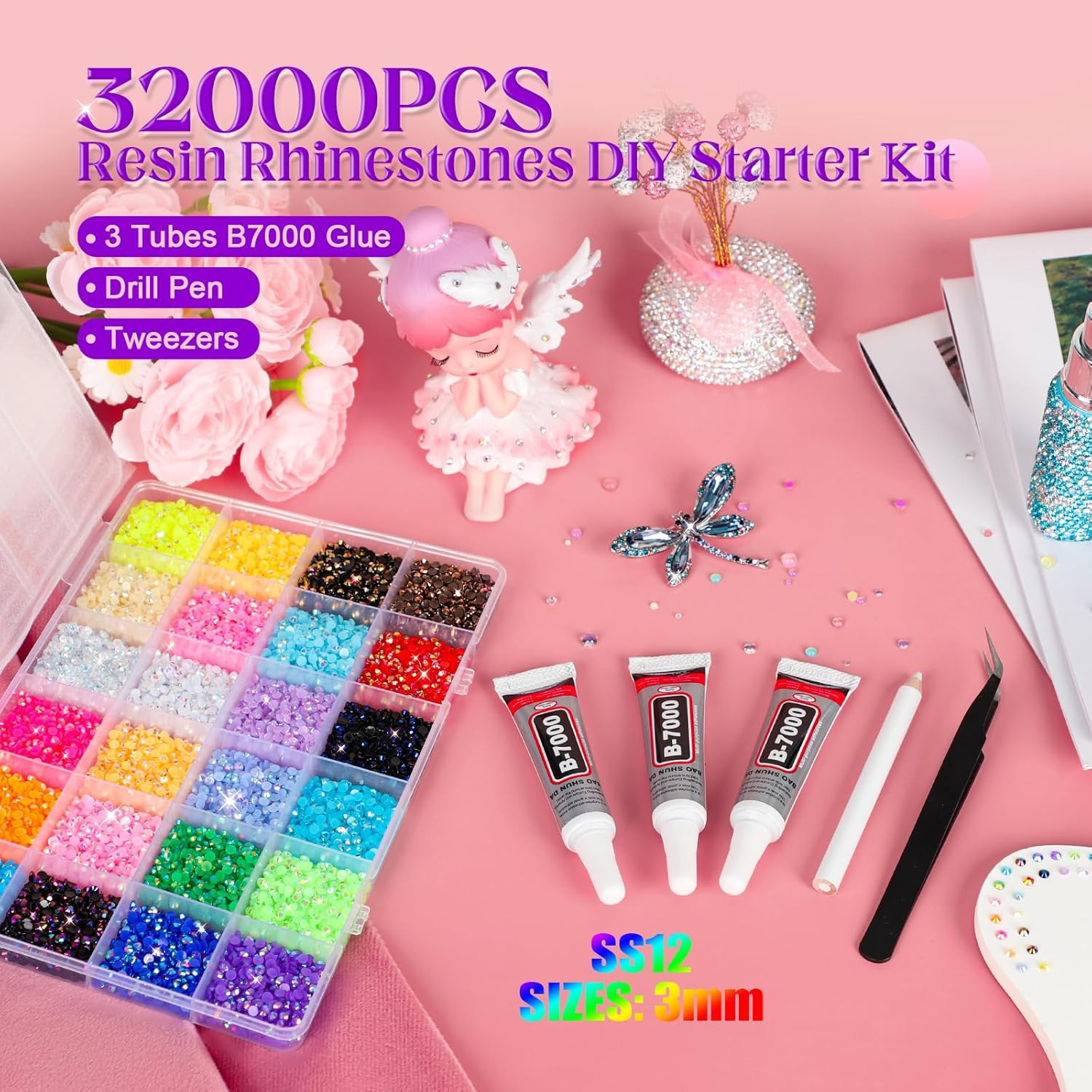 Bedazzling Kit with 32000Pcs Rhinestones, Jelly Rhinestones for Bedazzling, 24 C