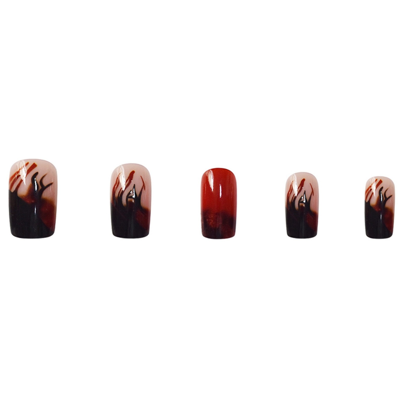 Red Black Gradient Flame Glitter Press On Nails Gothic Rectangle