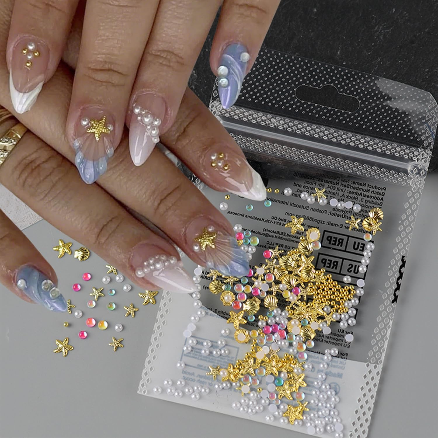 Summer Ocean Nail Studs 3D Gold Starfish Sea Shell Nail Art Charms with Pearl…