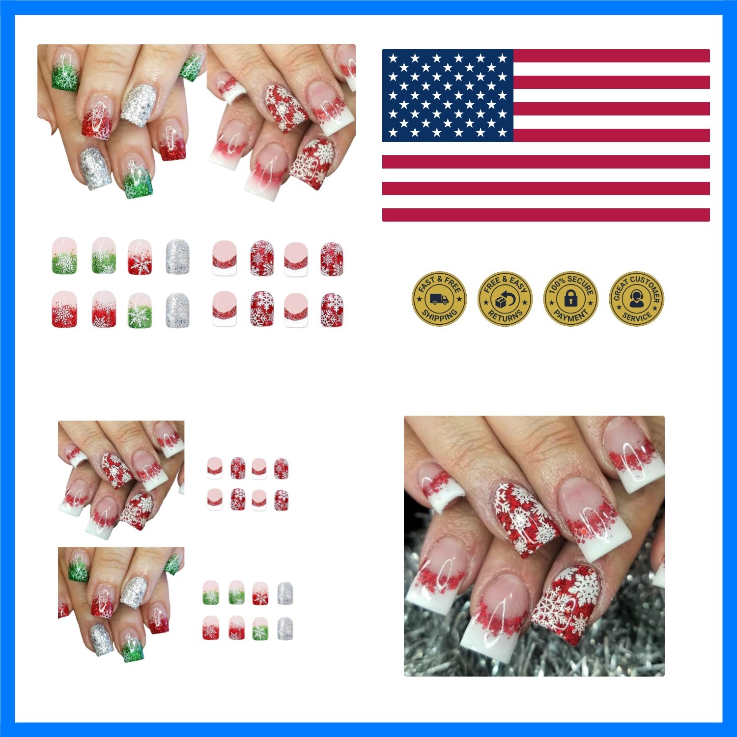 2 Packs 48Pcs Christmas Press on Nails Short Square Fake Nails Red Green Glit…
