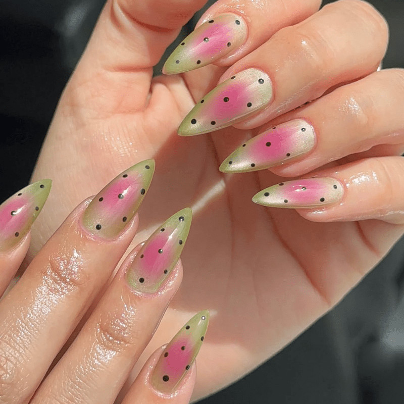 48 Pcs Pink Green Dot Gradient Almond Press on Nails, Bright Summer Fake Nails