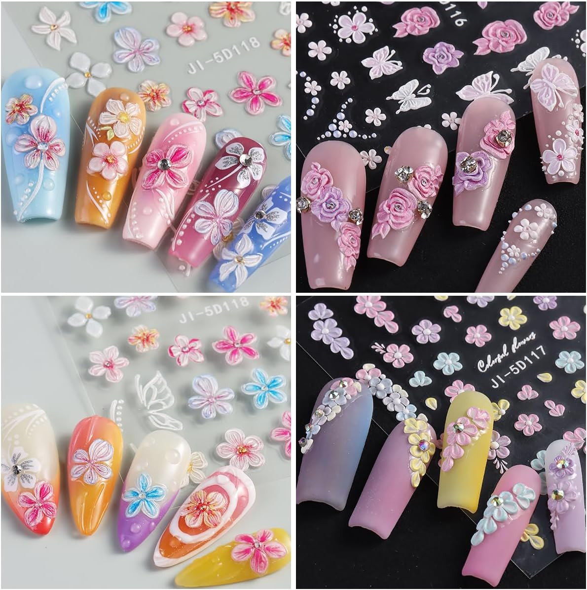 Pegatinas Unas Flores 4 Pz 3D Grabado Acrilico Decoracion Manicura Diseno Floral