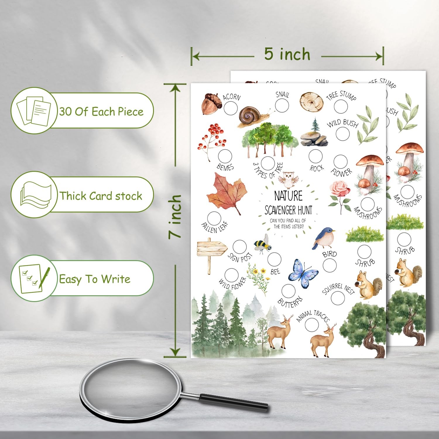 bxtala 30 Pcs Nature Scavenger Hunt Cards, Find and Seek Camping 5 x 7 inches