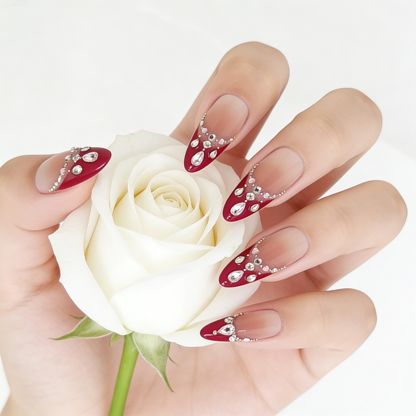 Red Brown Ombre Press-On Nails with Rhinestone Band Luxury Handmade Almond Nails