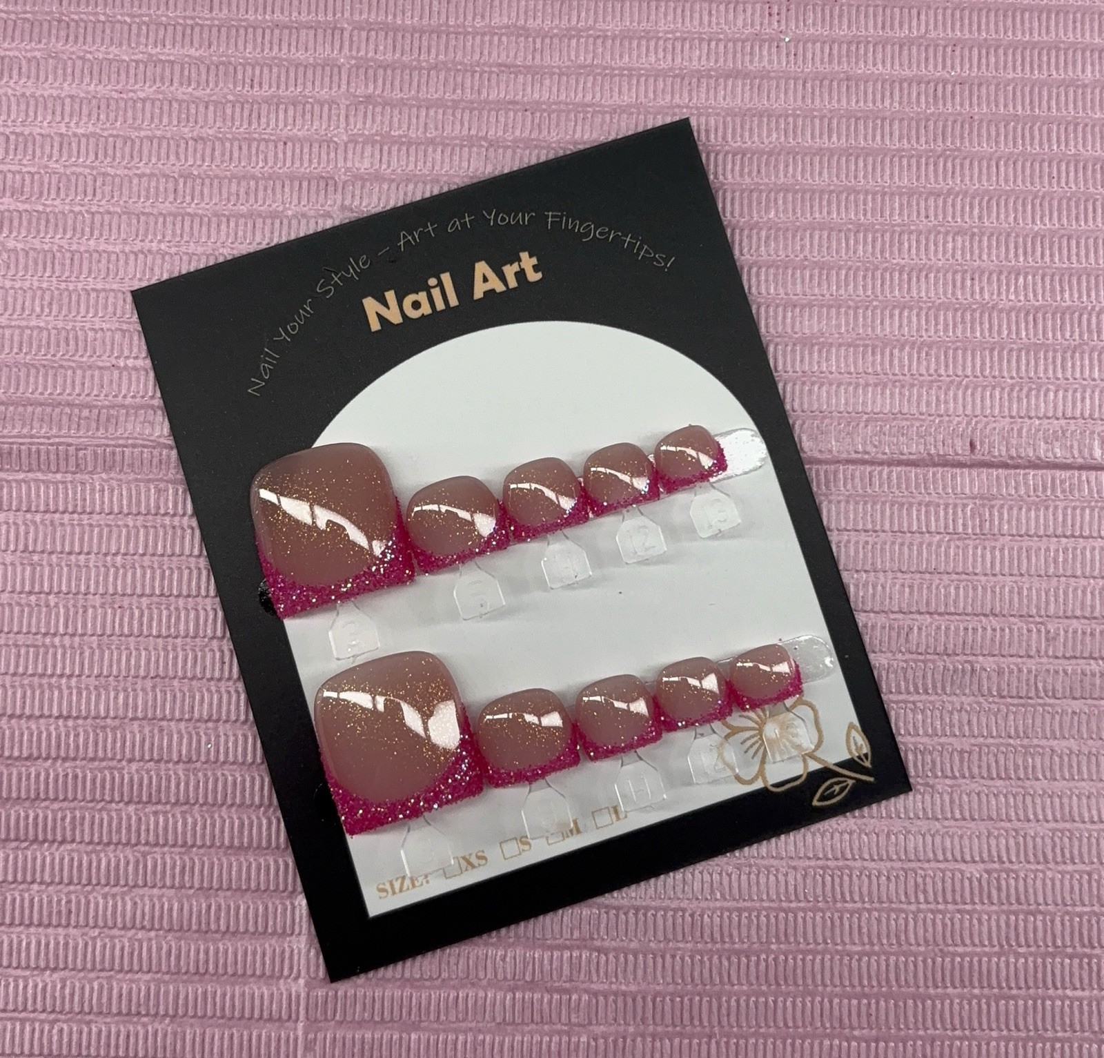 press on toenails pink glitter french tips nude handmade custom builder gel