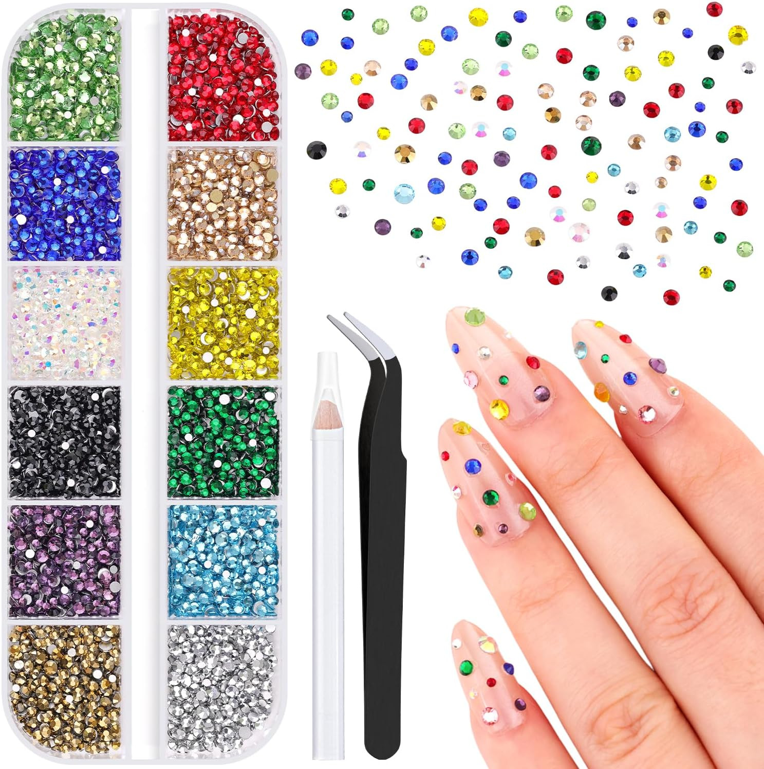 8000Pcs Nail Pearls and Colorful Rhinestones for Nail Art, White Pearl Nail Char