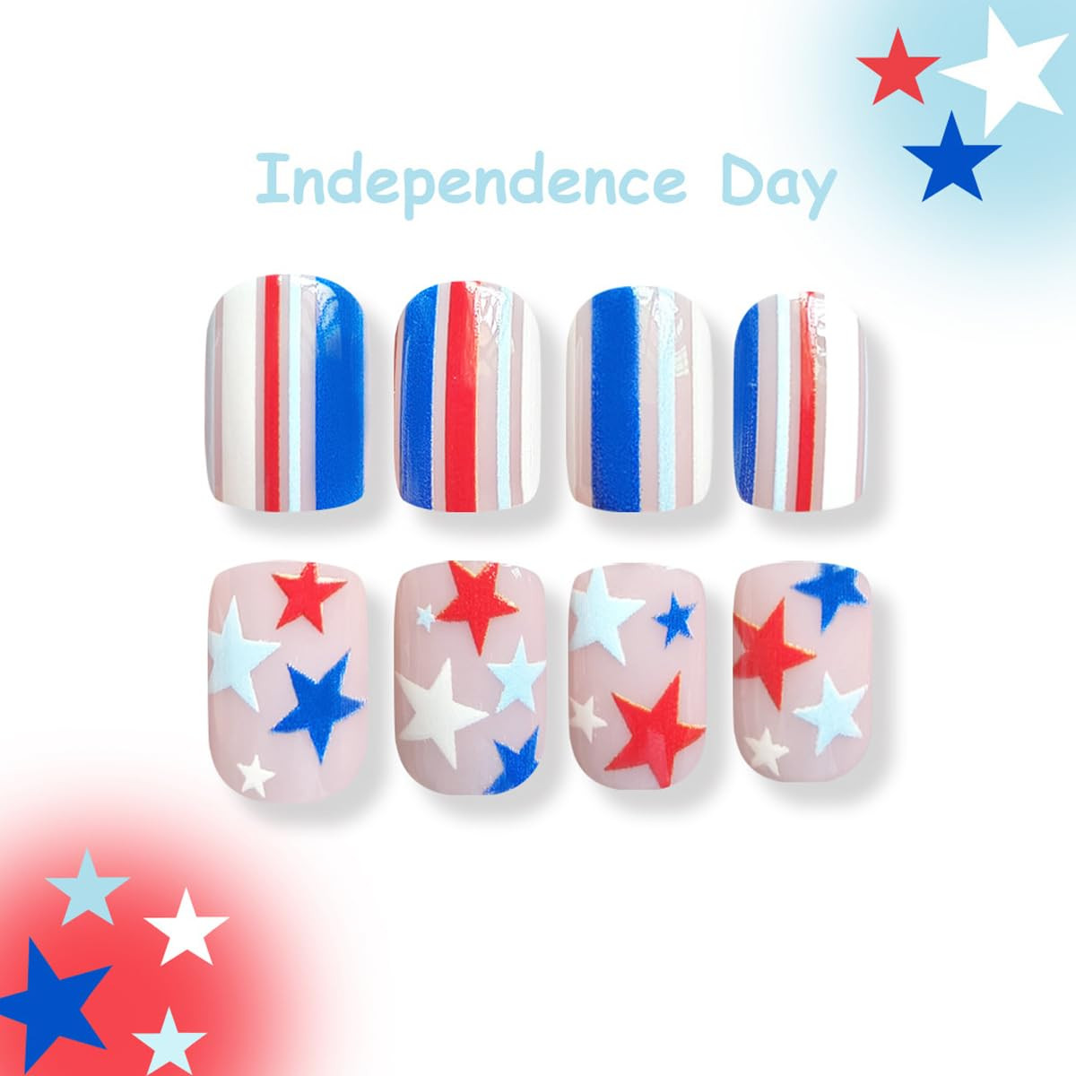 4Th of July Press on Nails Short Square – Red White & Blue Stars & Stripes Desig