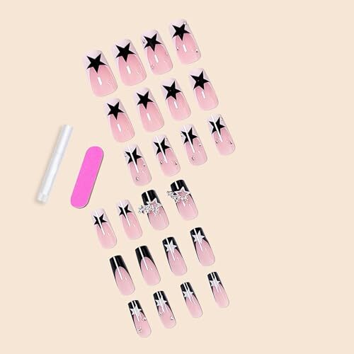 French Tip Press on Nails Medium Square Fake Nails Black Pink Glue FNr21star