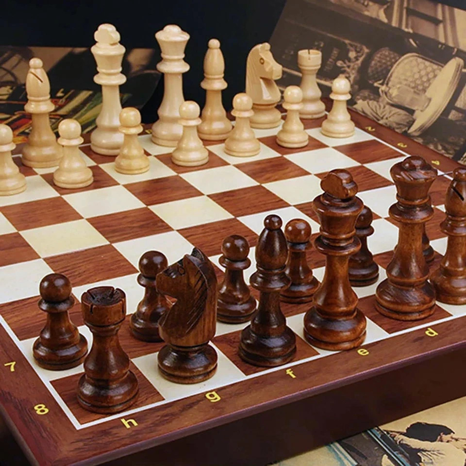 15″ Folding Walnut Chess Set with Storage 15 inches by 15 inches, Walnut/Tan