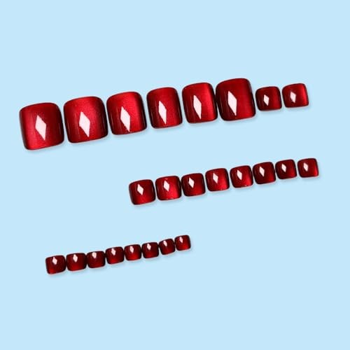Wine Red Press on Toenails Cat Eye Fake Toe Nails Square Acrylic Short Style 2