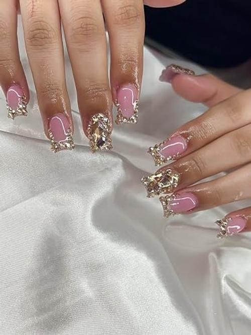 RUOKEXIN Medium Press on Nails Square Fake Nails Pink False Medium Style-Z5Z16