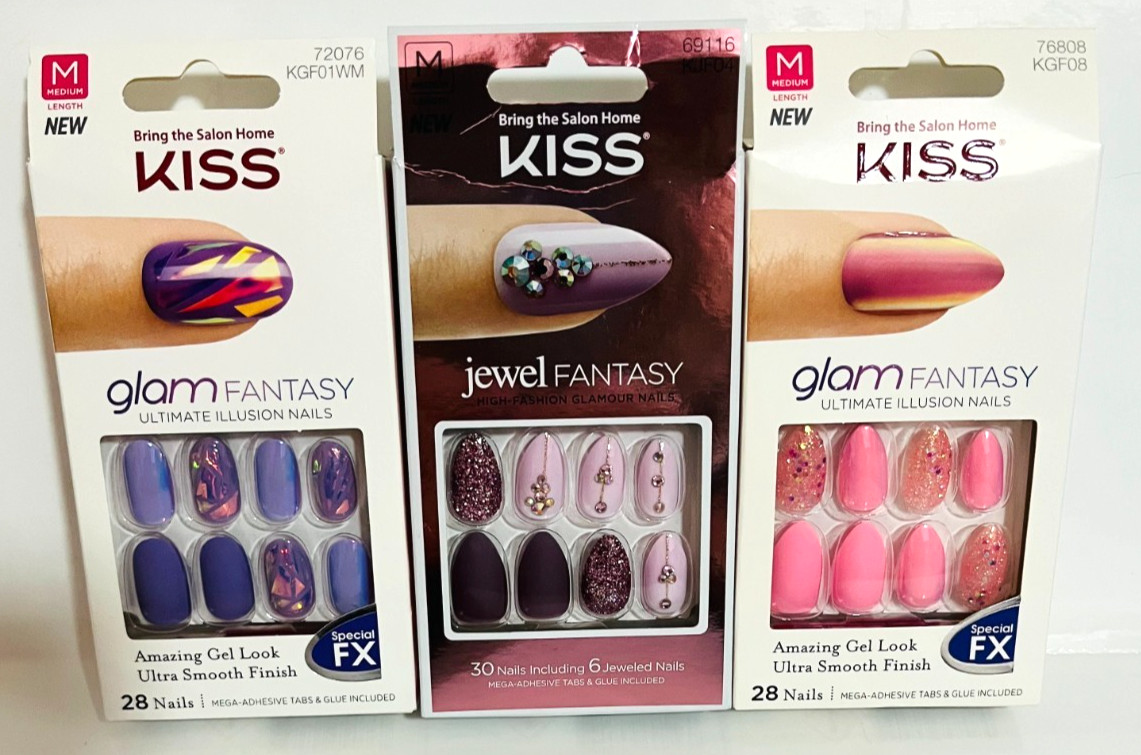 New KISS Manicure Nails Glam Pink Purple Glitter 3 Sets Gel