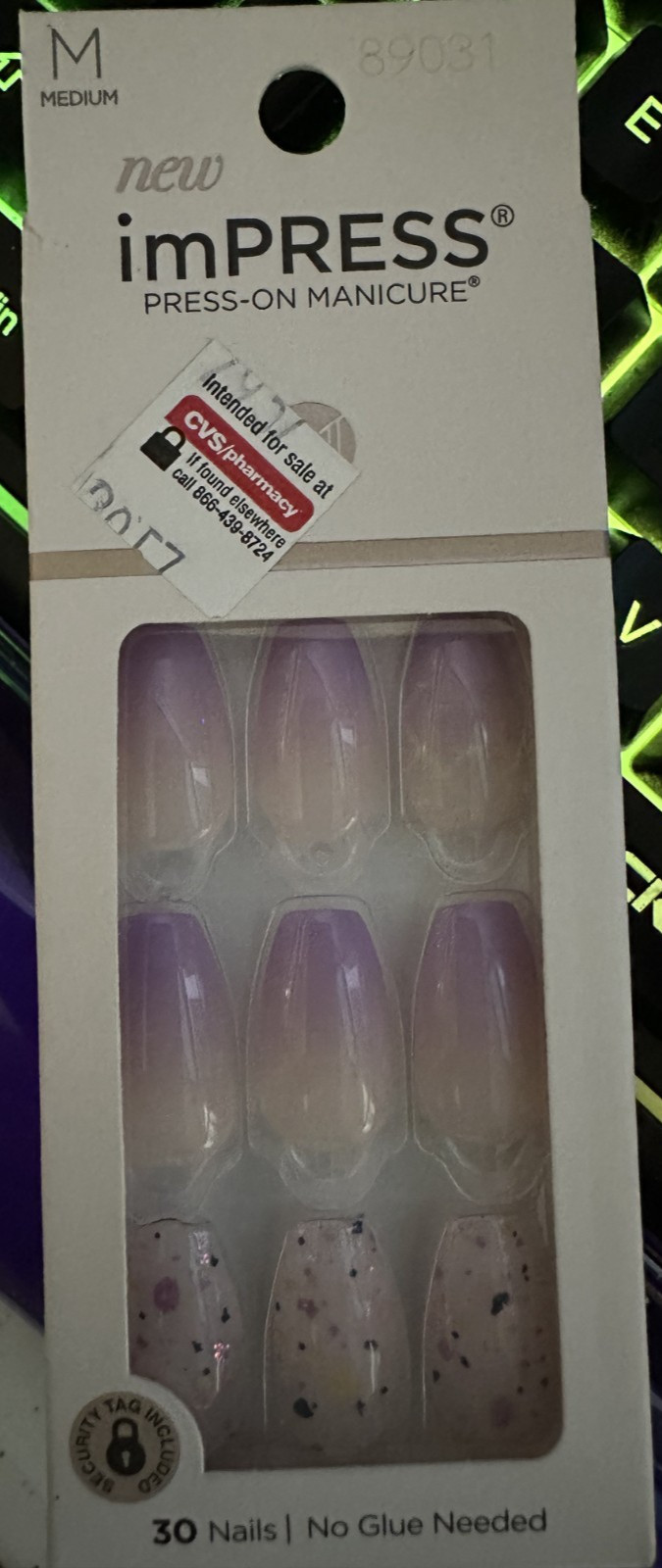 Impress! Kiss Manicure Nails Gloss Almond Medium Purple Ombre Speckled accent