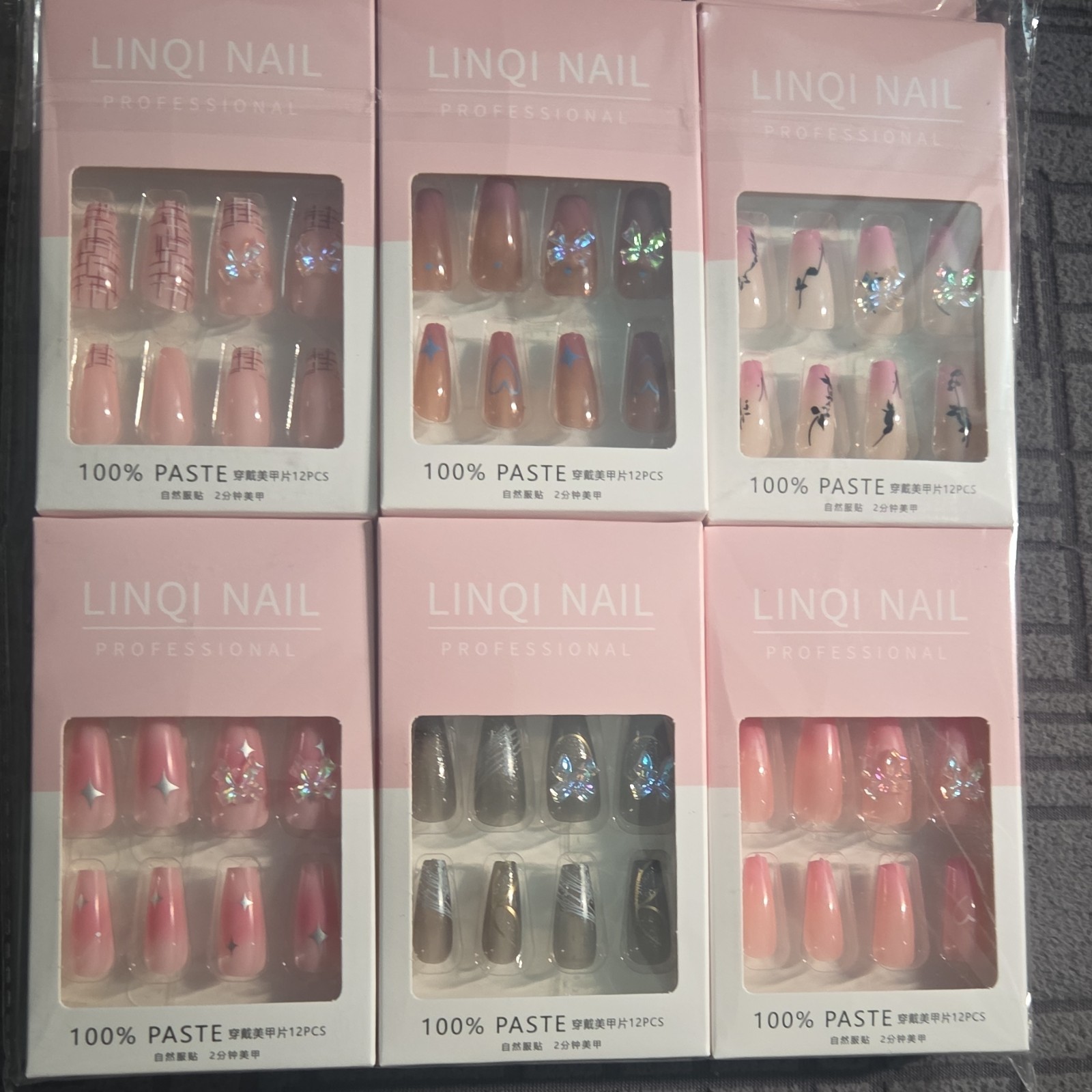 LINQI NAIL Press-On Nails Self-Adhesive PreDesigned Pink 12PCS Per Bx Incl 6sets