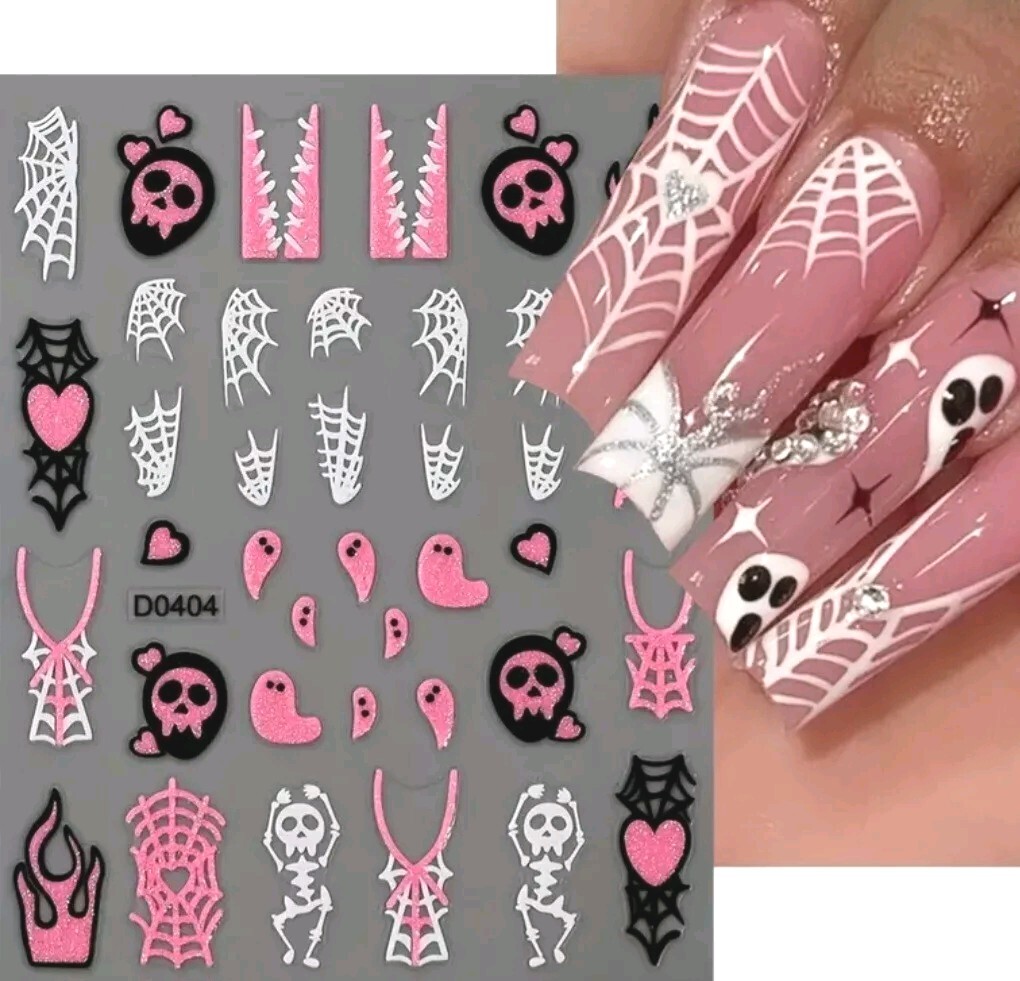 2 Halloween Nail Art Stickers Black Pink Spiders Ghost Spider Webs Sculls Bats