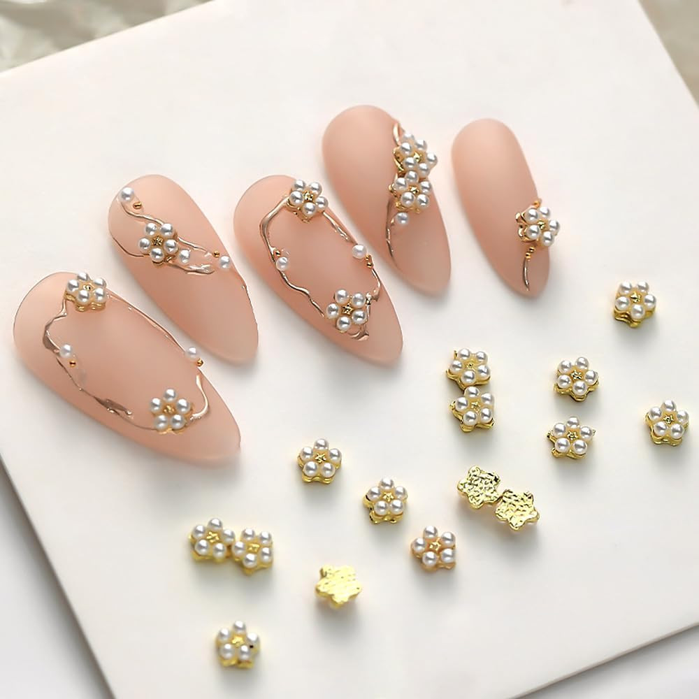 3D White Pearl Flower Nail Charms Cute Pearls Flowers for Nails Design Floral Na