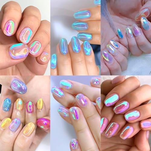6PCS Aurora Glass Nail Foil Sheets Laser Nail Stickers 3D Reflective Mirror
