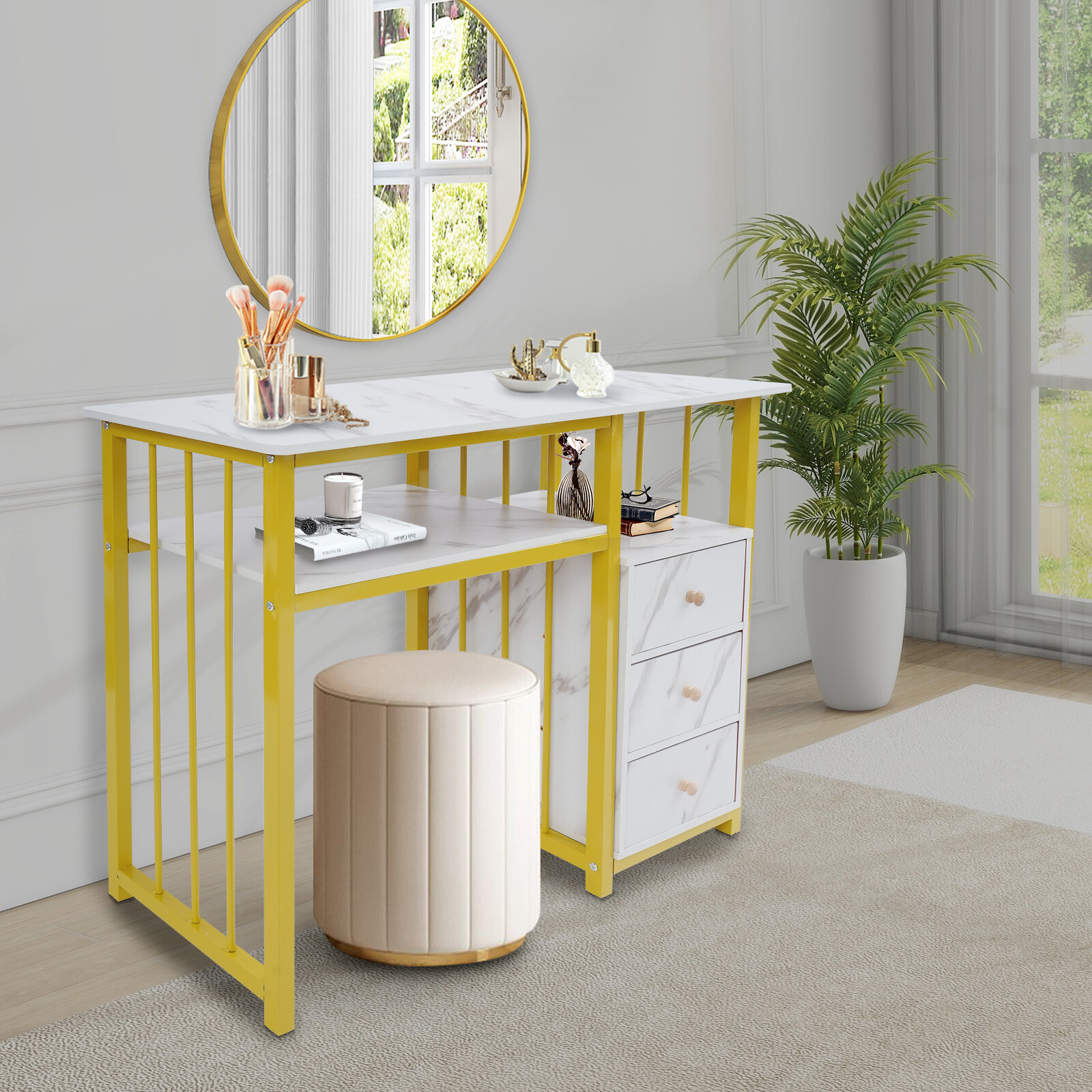 Marbling Texture Nail Desk Manicure Table Station Manicure Desk with 3 Drawers