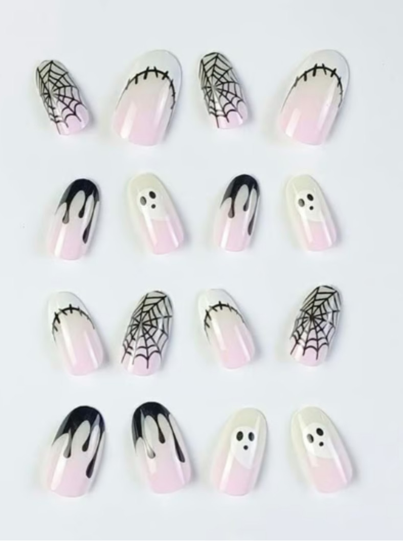 White & Black Ghosts spiderweb blood Halloween NEW Press On Nails goth stitches
