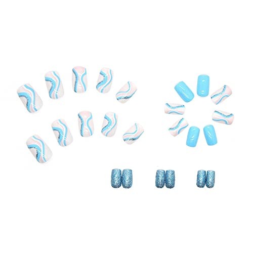 Press on Nails – Short Square Fake Nails with Summer Blue Swirl, 00901Blue