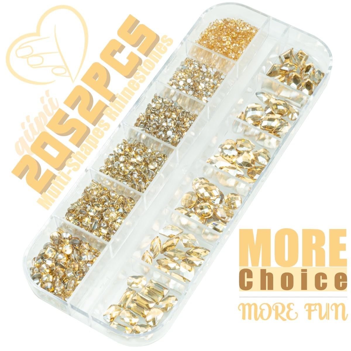 2052Pcs Golden Rhinestones for Nails 72pcs Multi Shapes Crystals