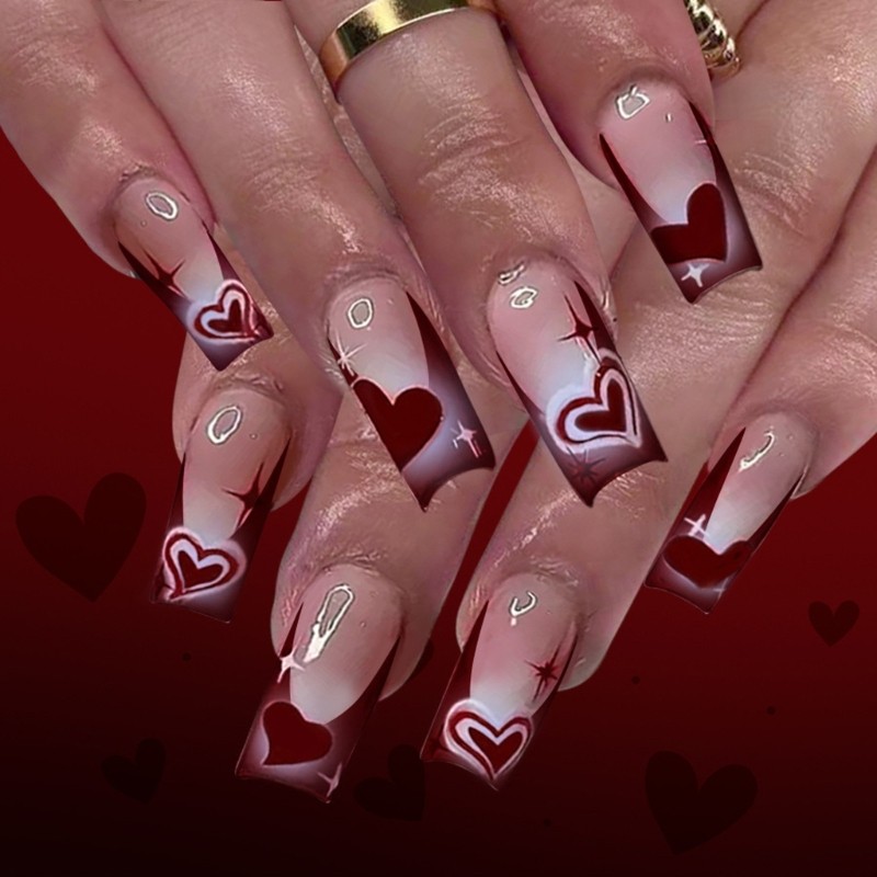 Middle Length Glossy Fake Nail Valentine Wine Red Heart Design Press On Nail