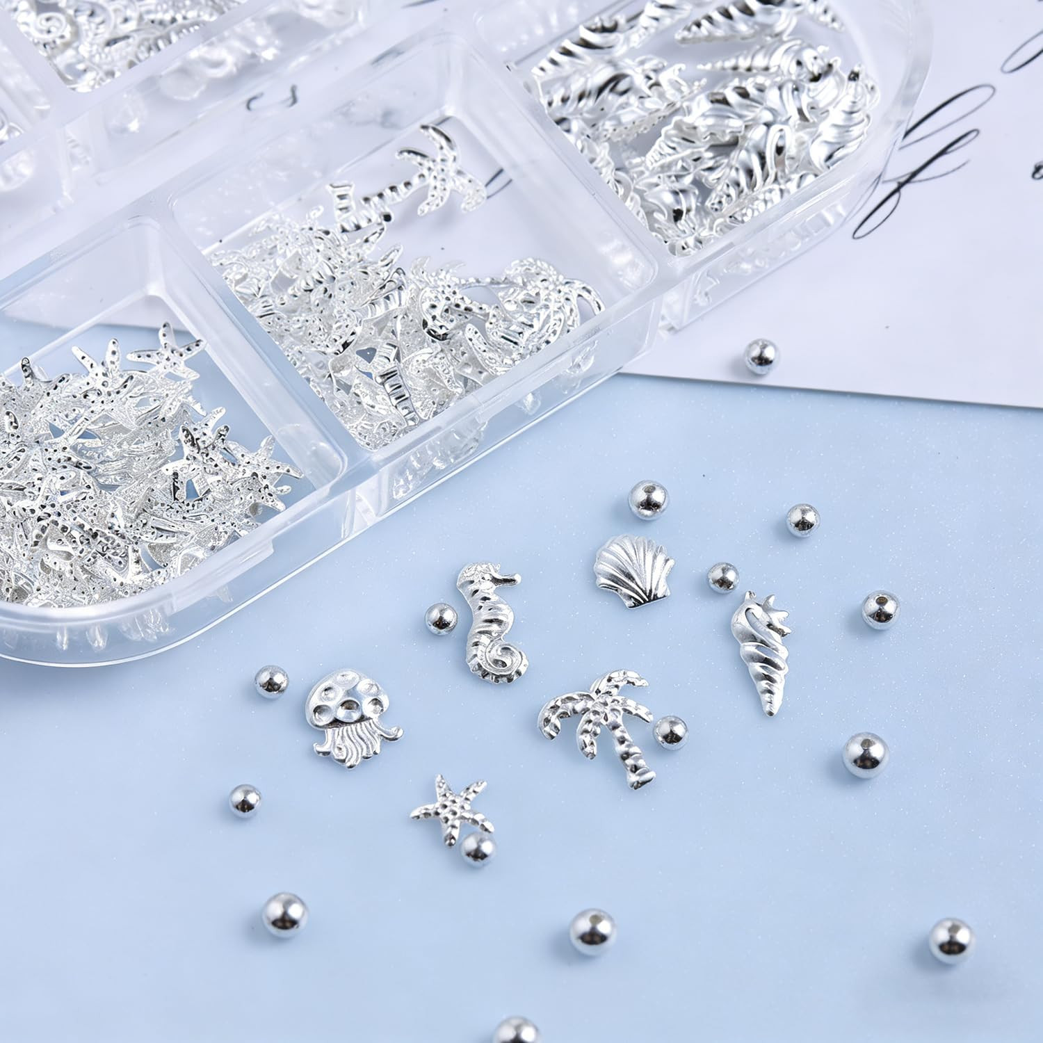 Nail Charms, 2Boxes Gold Silver Summer Ocean Nail Charms and Gems, Metal Small S