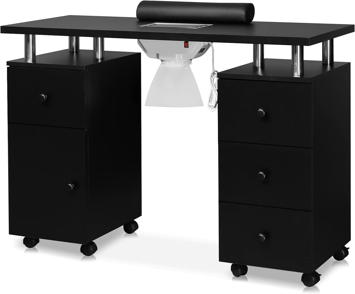Manicure Table Nail Desk with Storage Drawers, Dust Collector, Lockable Wheels