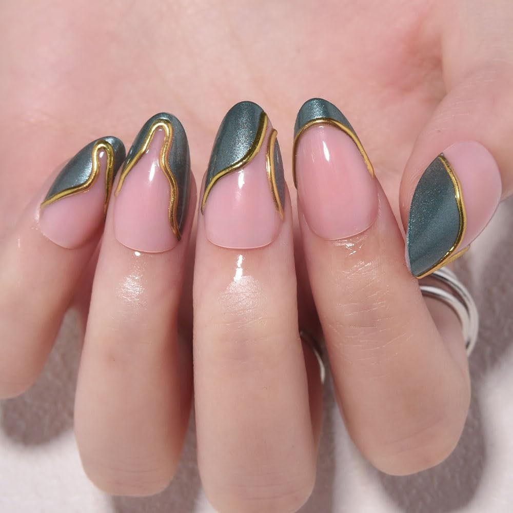 evpct French Tip Press On Nails Short Almond, Nude Pink + Gold Line & Dark Gr…