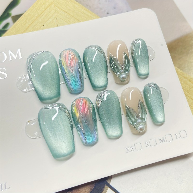 10Pcs Mint Green Aurora Cat Eye Nails, Mermaid Tail & Pearl Design, Removable